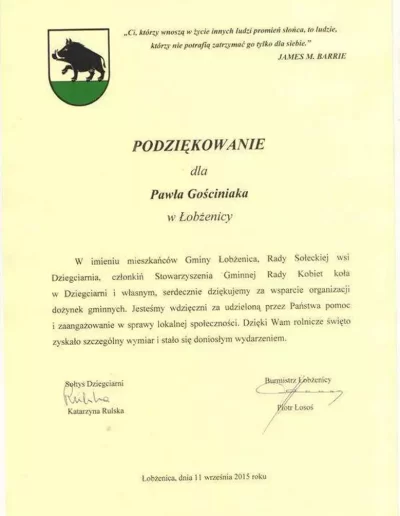 podziękowanie gmina łobżenica